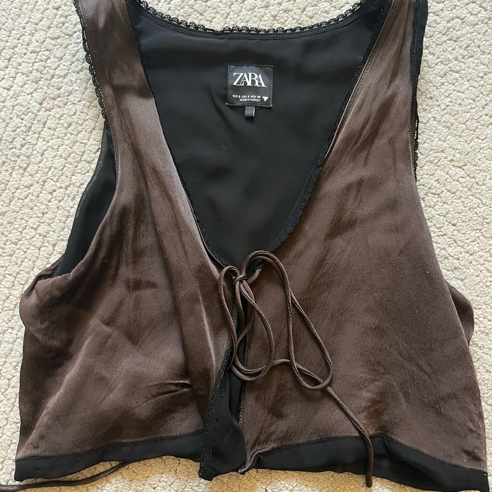 Zara Brown and Black Satin Tie-Front Vest